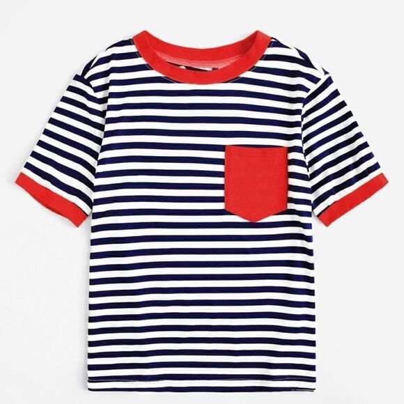 SHEIN Pocket Patched Striped Ringer Tee Med/6 - Picture 1 of 6